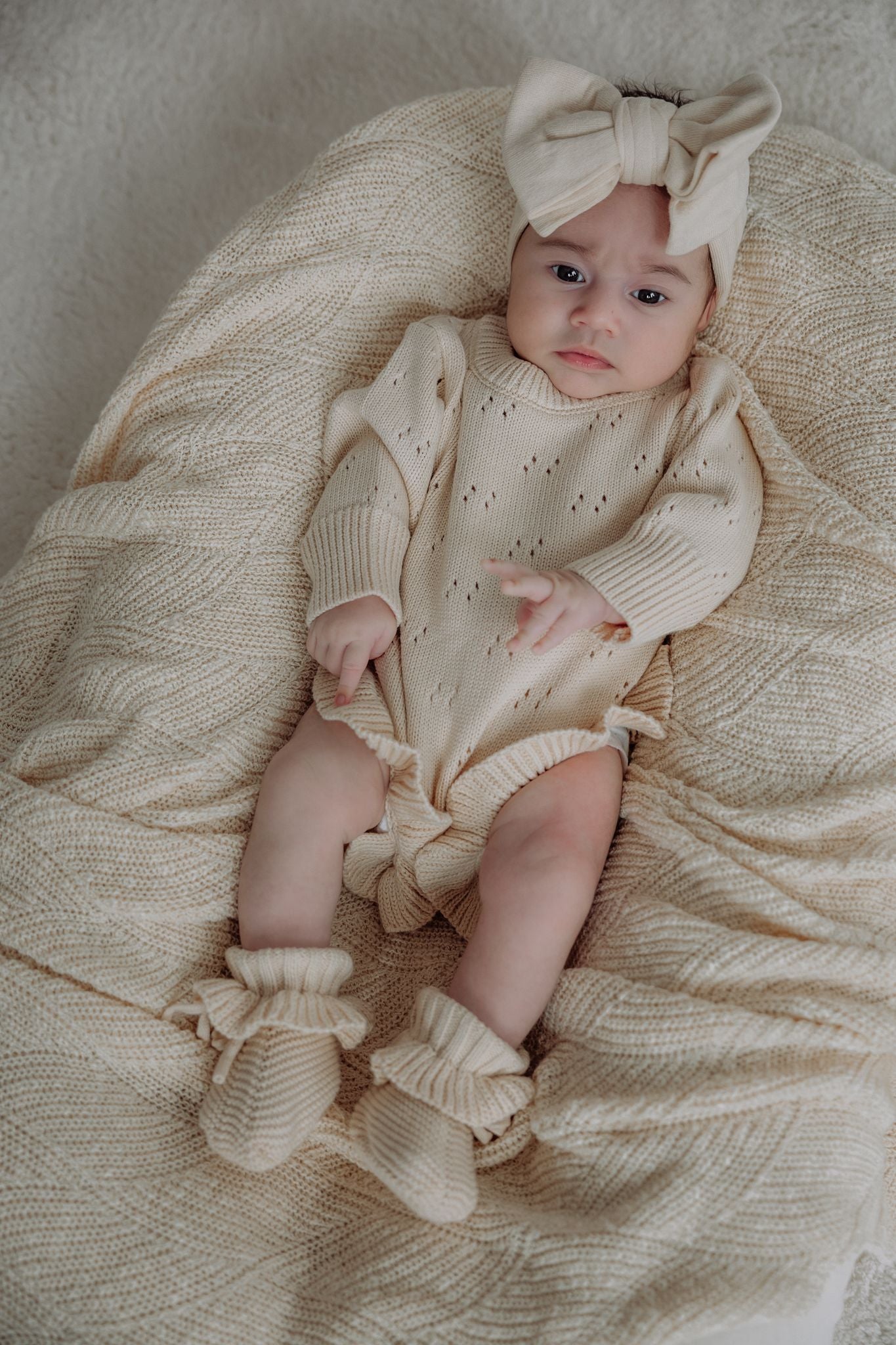 Pointelle Ruffle Romper | Almond